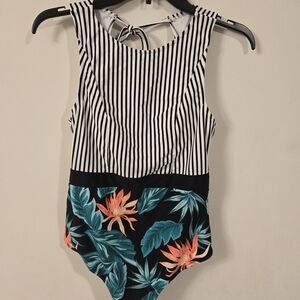 Cupshe Black White Striped One-Piece with Teal & Coral Floral Print